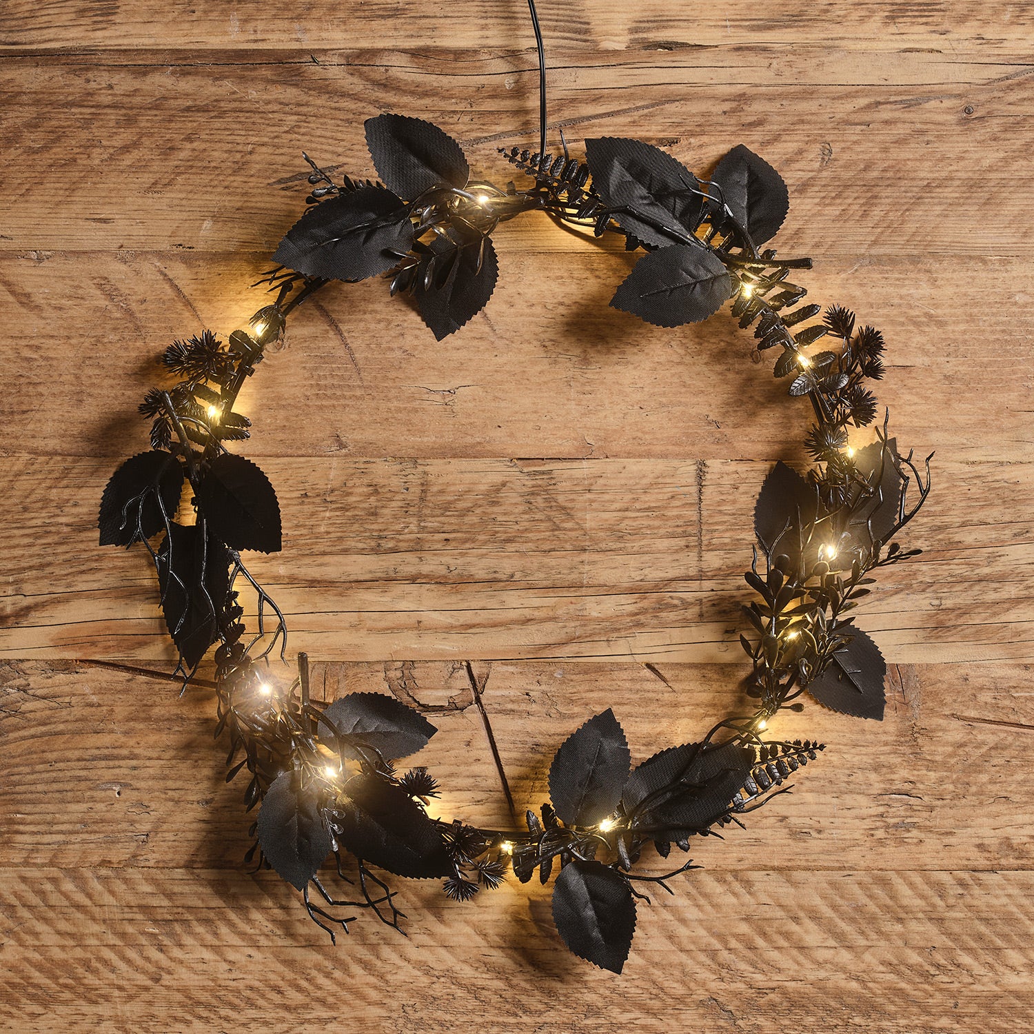 Pre Lit Black Foliage Halloween Wreath & Garland - Image 3
