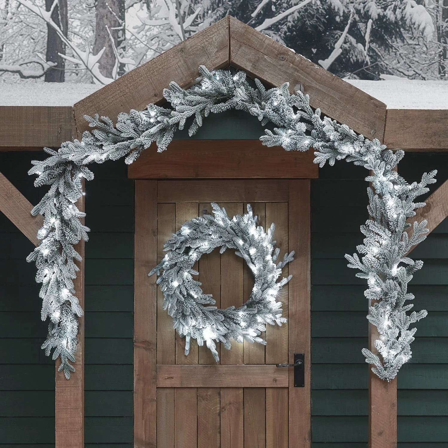 Pre Lit Outdoor Snowy Christmas Wreath & Garland - Image 4