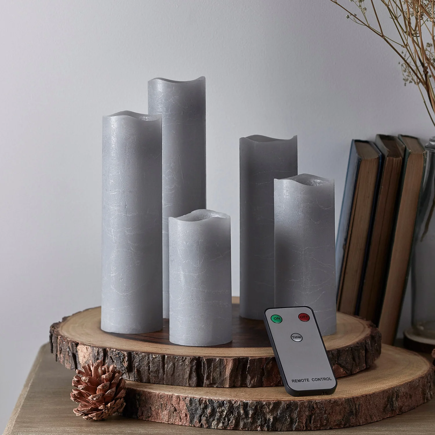 Set of 5 Grey Slim LED Pillar Candles with Remote Control - Image 3