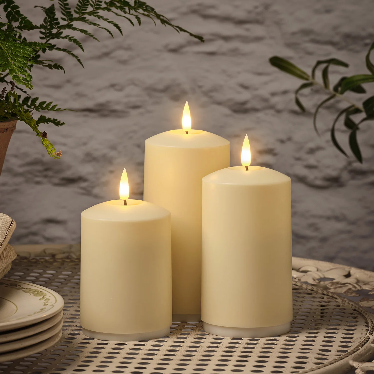 TruGlow® Rechargeable Outdoor Pillar Candle Trio With Remote Control