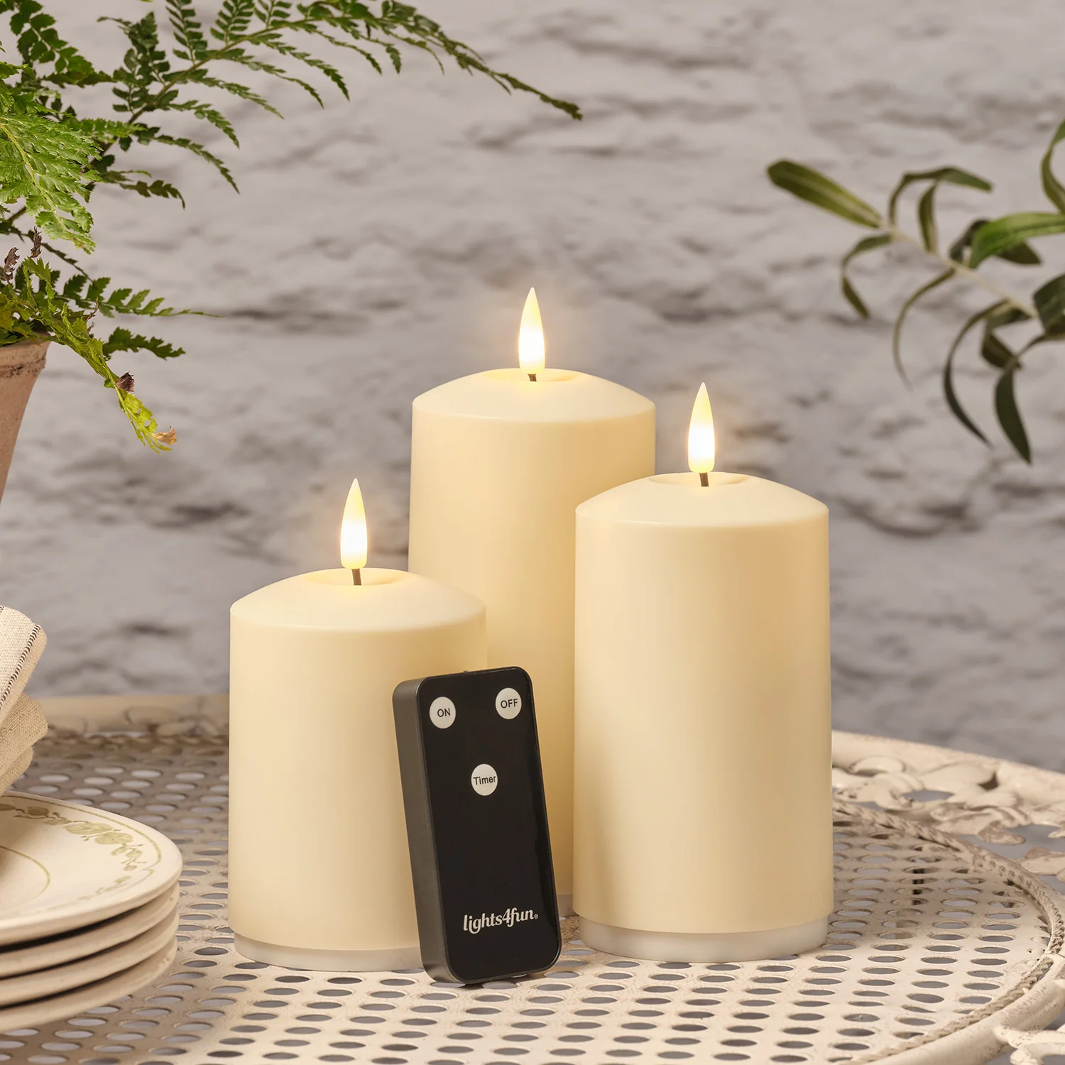 TruGlow® Rechargeable Outdoor Pillar Candle Trio With Remote Control - Image 3
