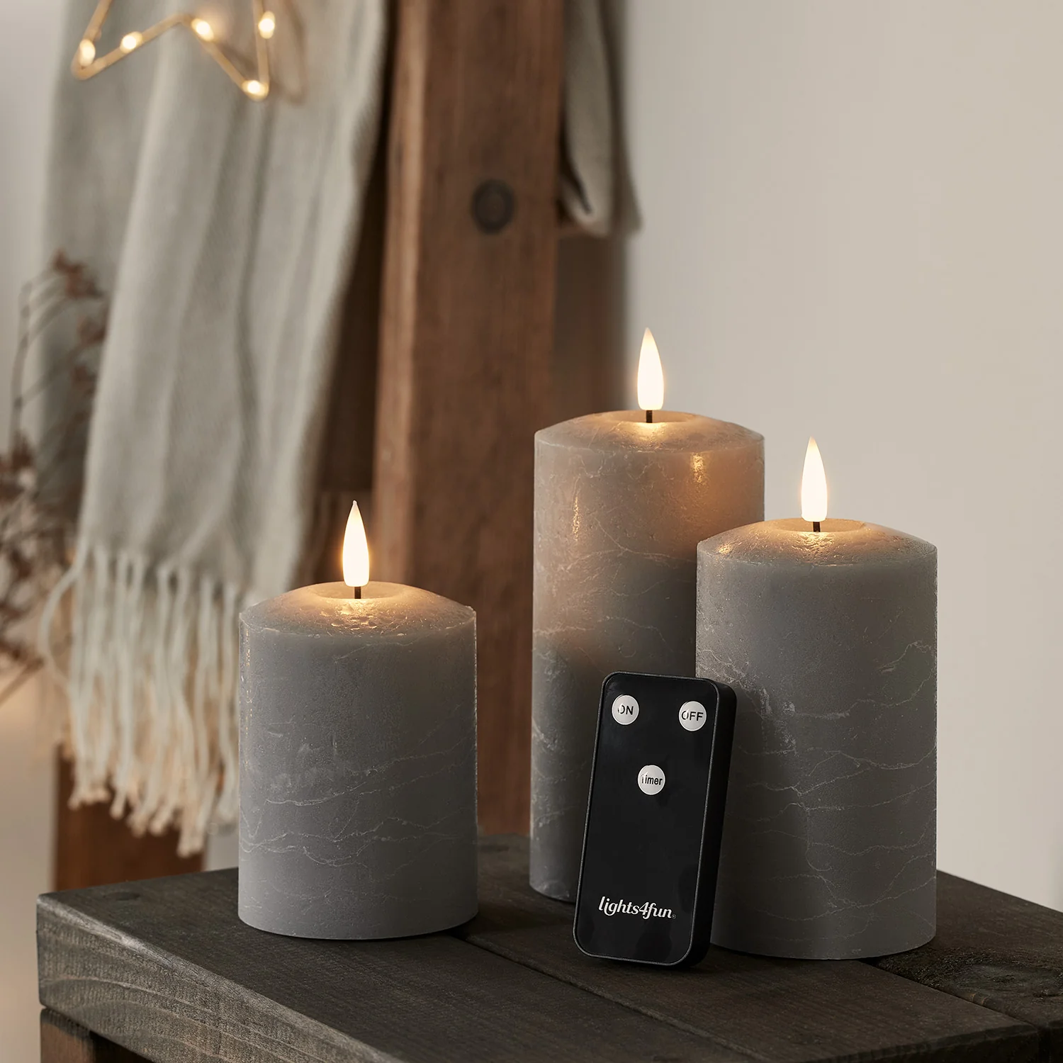 TruGlow® Grey Distressed LED Pillar Candle Trio with Remote Control - Image 4